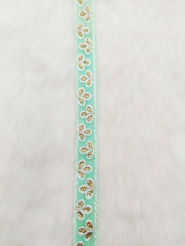 Wholesale Mint Green Net Lace Floral Embroidery & Glitter Gold Sequins, Indian Wedding Border, Gifting Ribbon Costume Trim Fashion Trimming